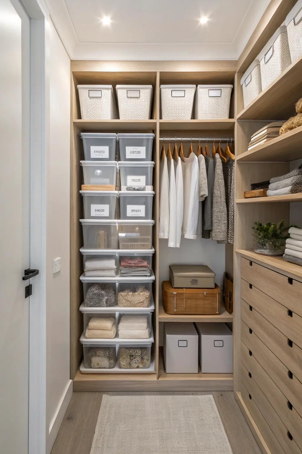 Clear storage boxes help maintain order and visibility.