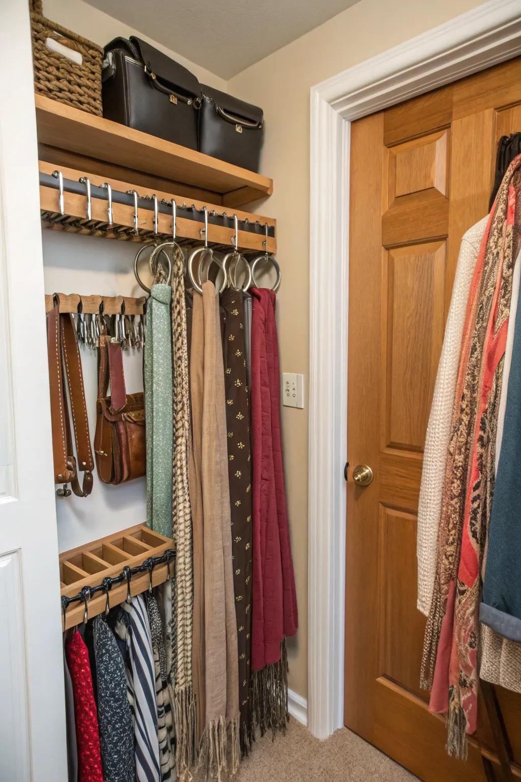 Hooks offer a simple solution for organizing belts, scarves, and bags.