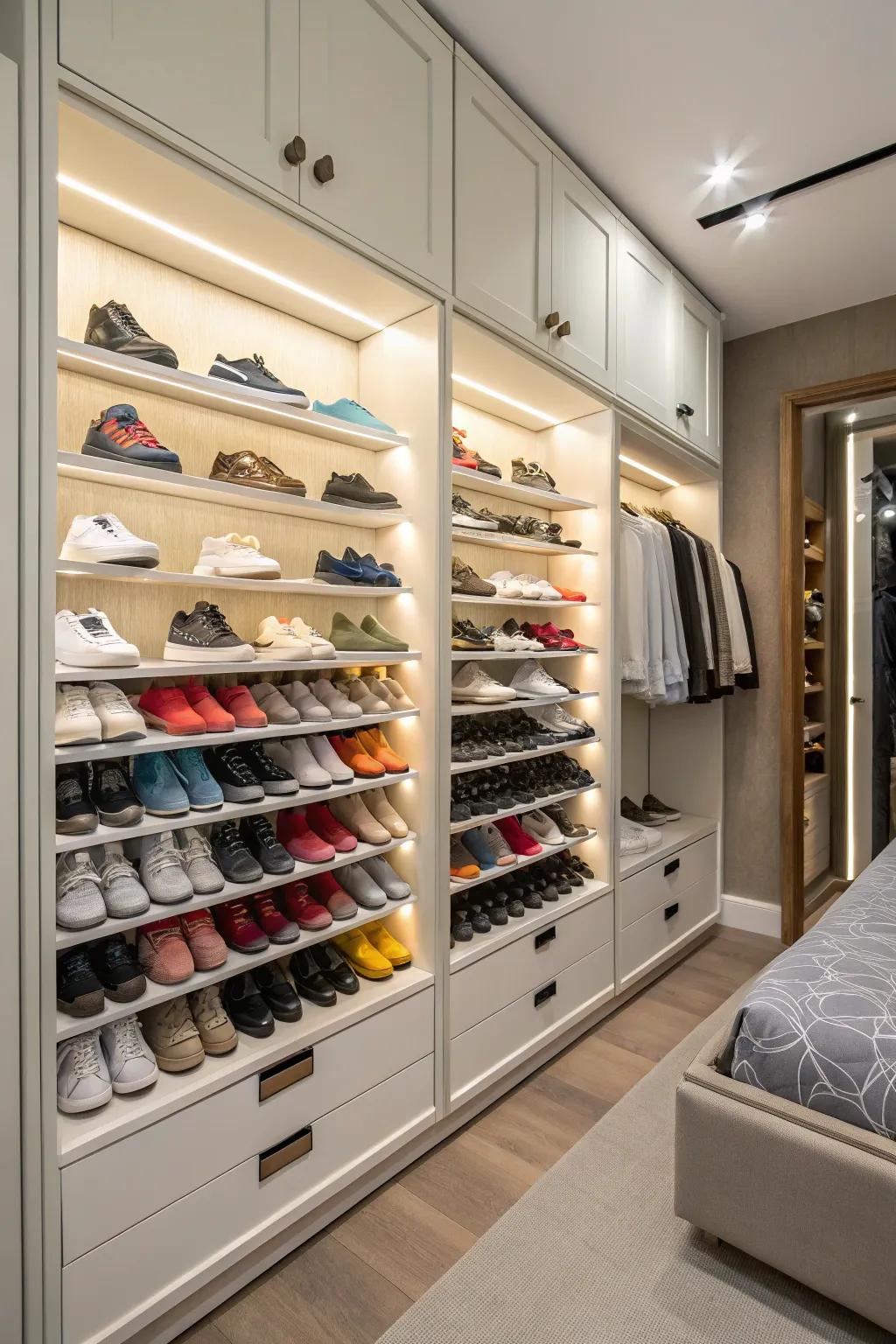 A shoe wall organizes and showcases your footwear collection.