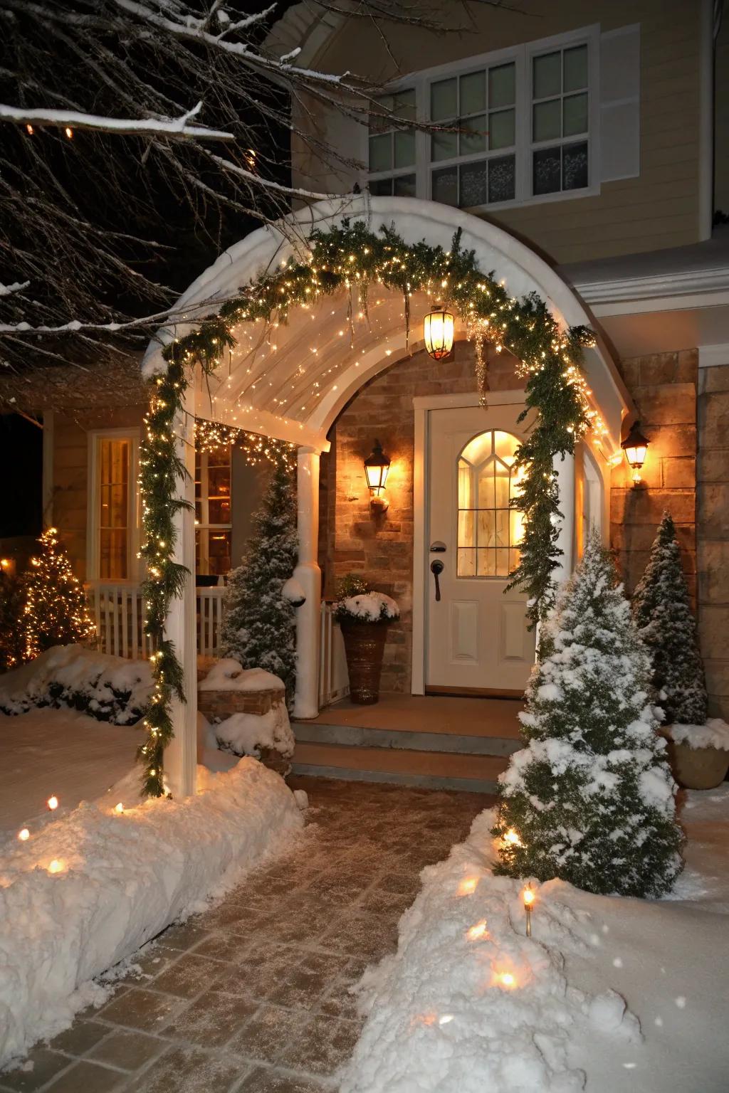 Snowy archway entrance decorated with lights