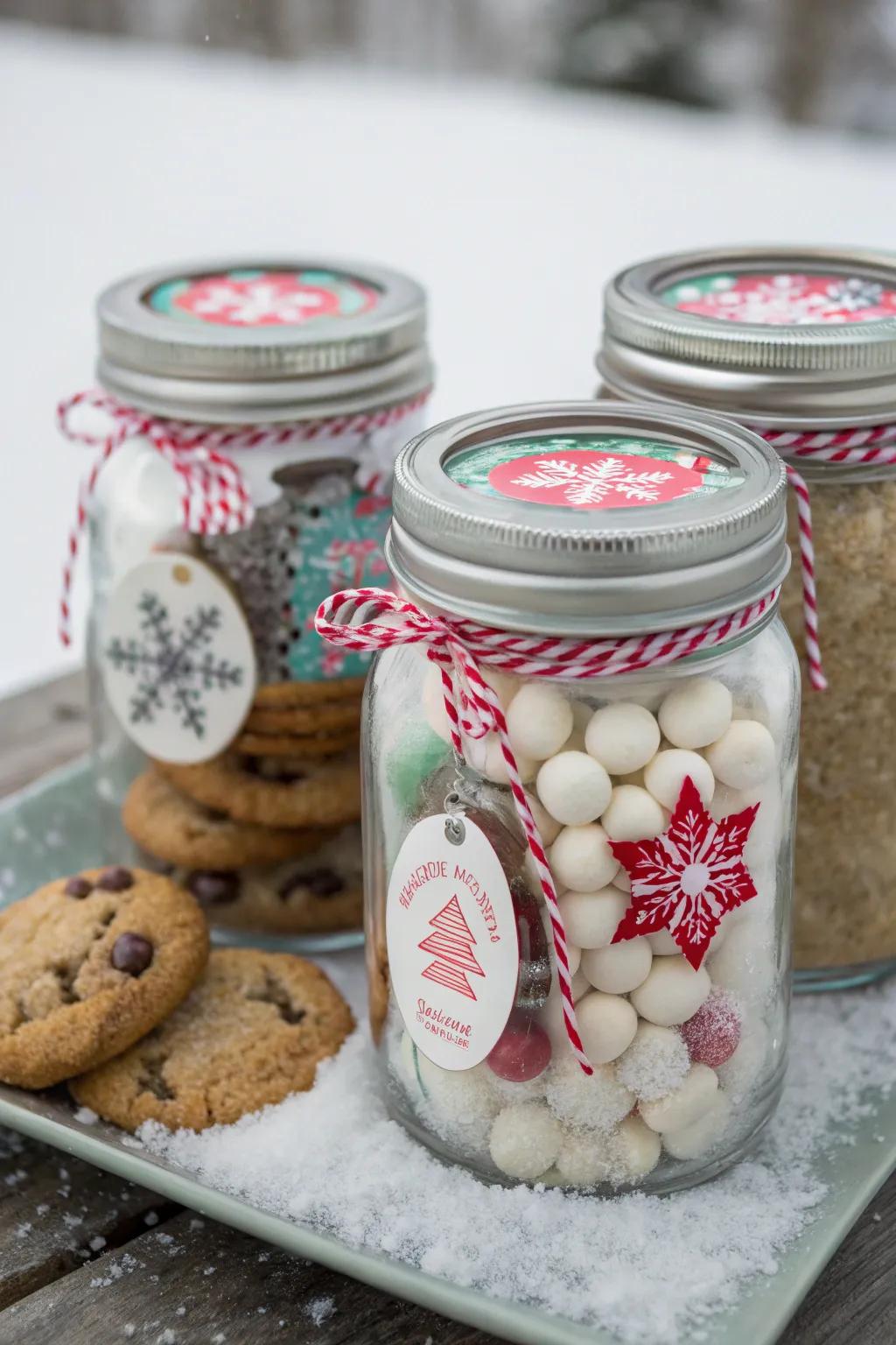 Frosted jars filled with winter treats
