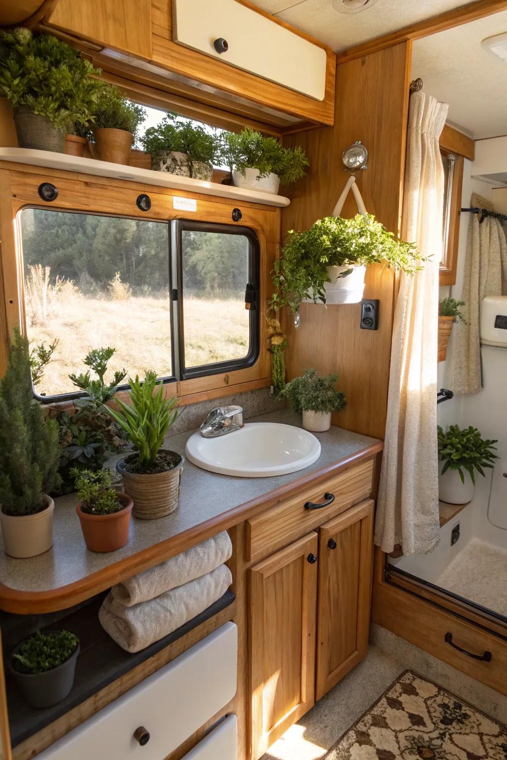 Natural textures and greenery add warmth and freshness.