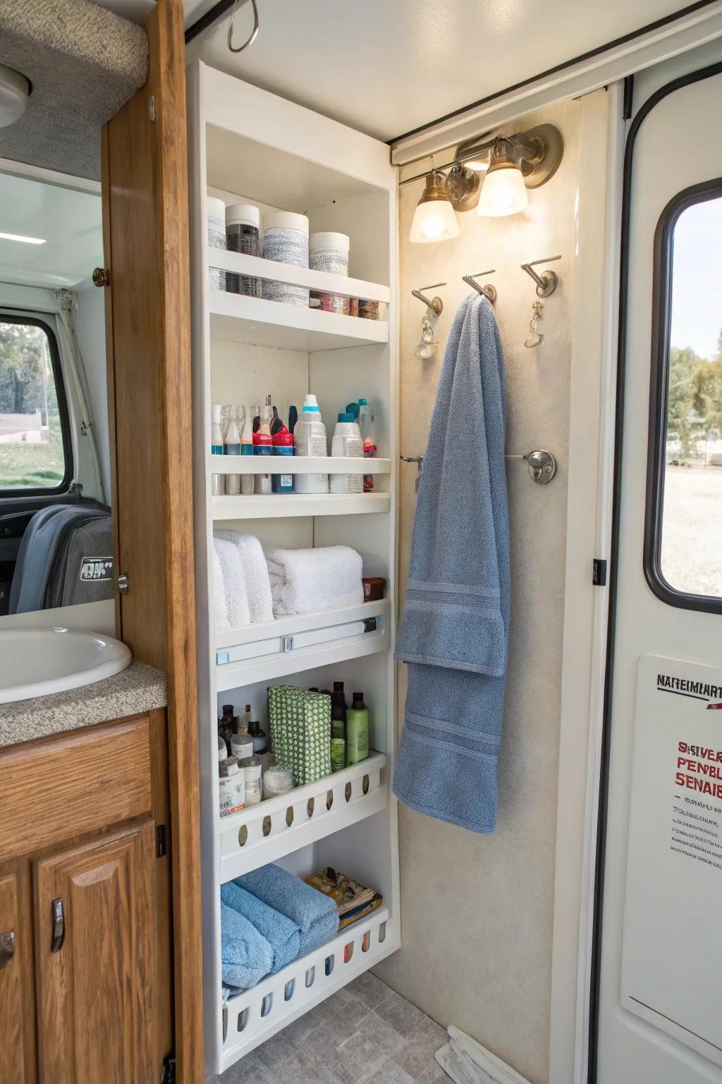 Vertical shelving and hooks provide smart storage in compact bathrooms.