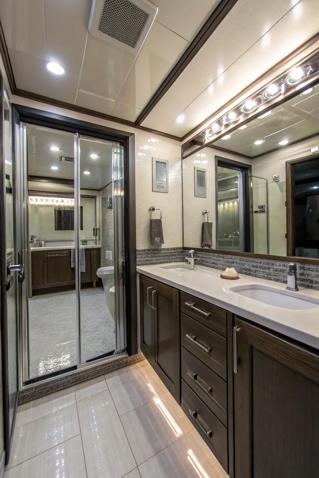 Reflective surfaces enhance light and create a sense of spaciousness.