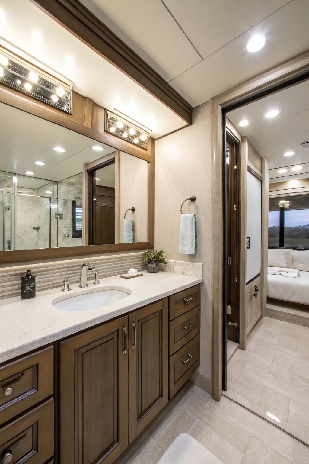 Mirrors visually enlarge and brighten small bathrooms.