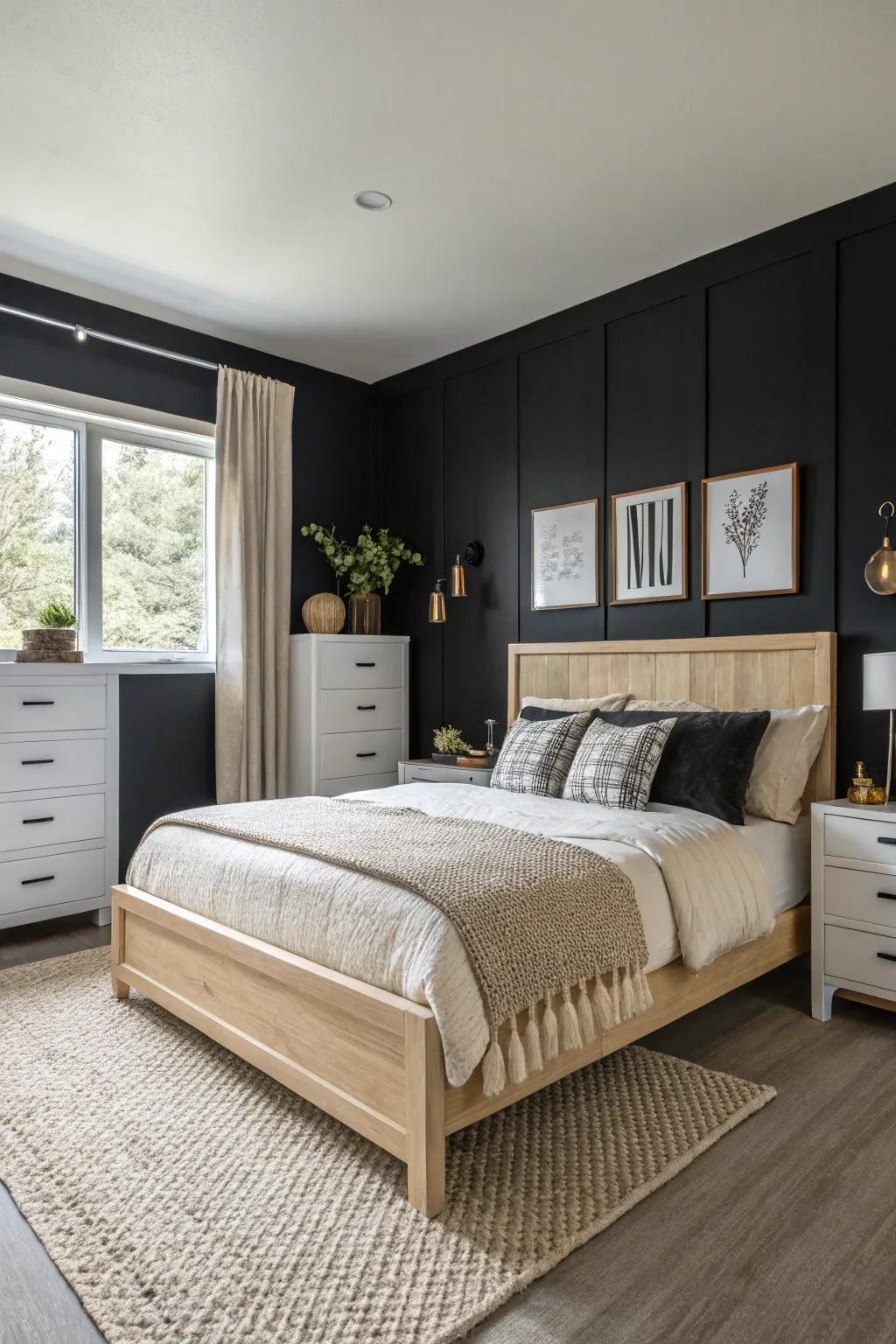 Jet black walls create a bold and dramatic atmosphere.