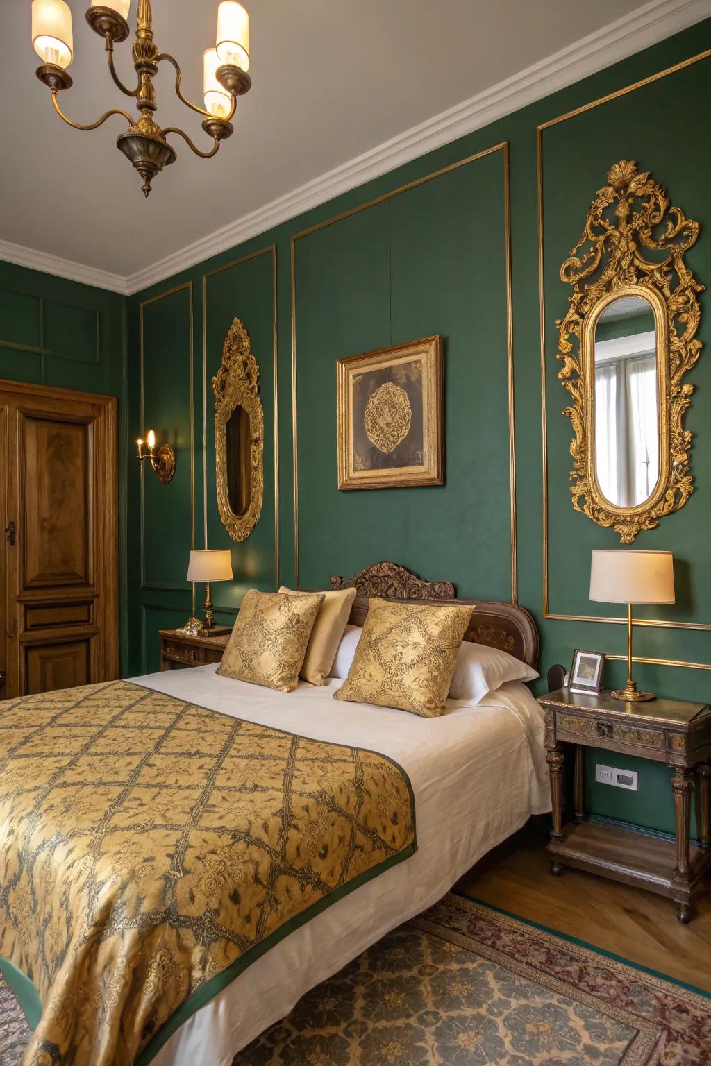 Emerald green paired with gold accents exudes luxury.