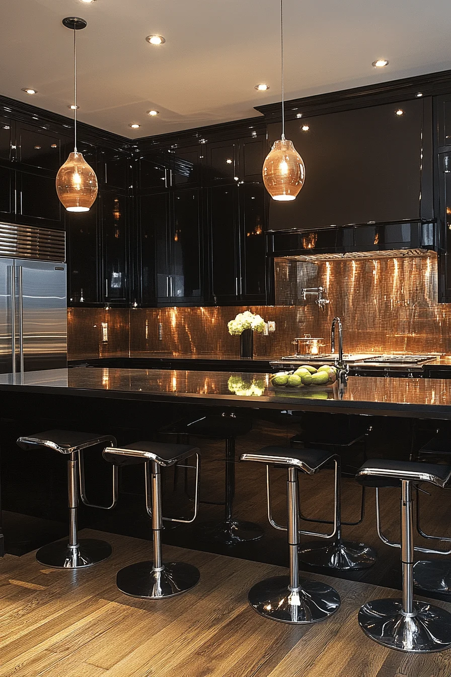 Dark-toned kitchen with glossy finishes and sleek seating