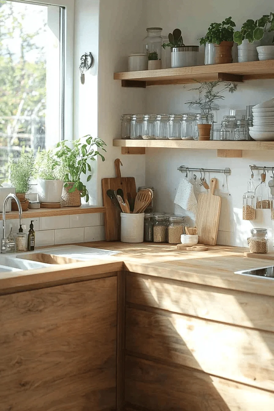 Light-colored kitchen with open storage and compact appliances