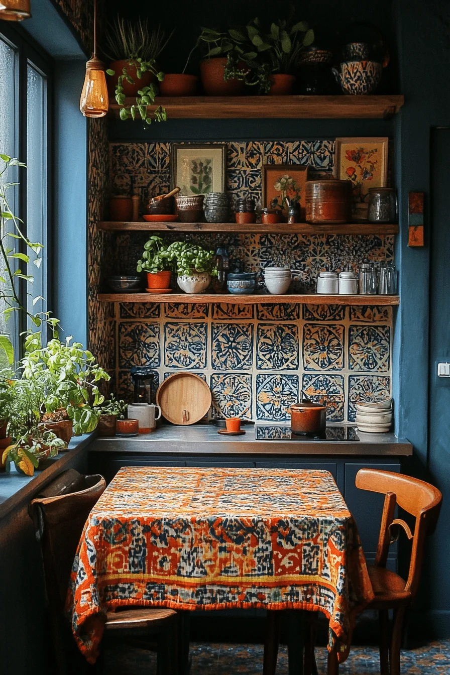 Boho kitchen with mixed patterns and plants