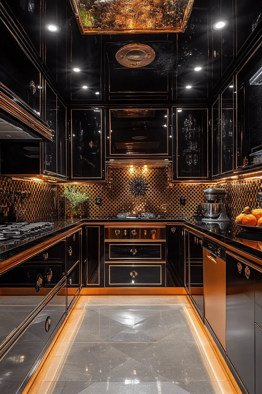 Kitchen with geometric patterns and metallic accents