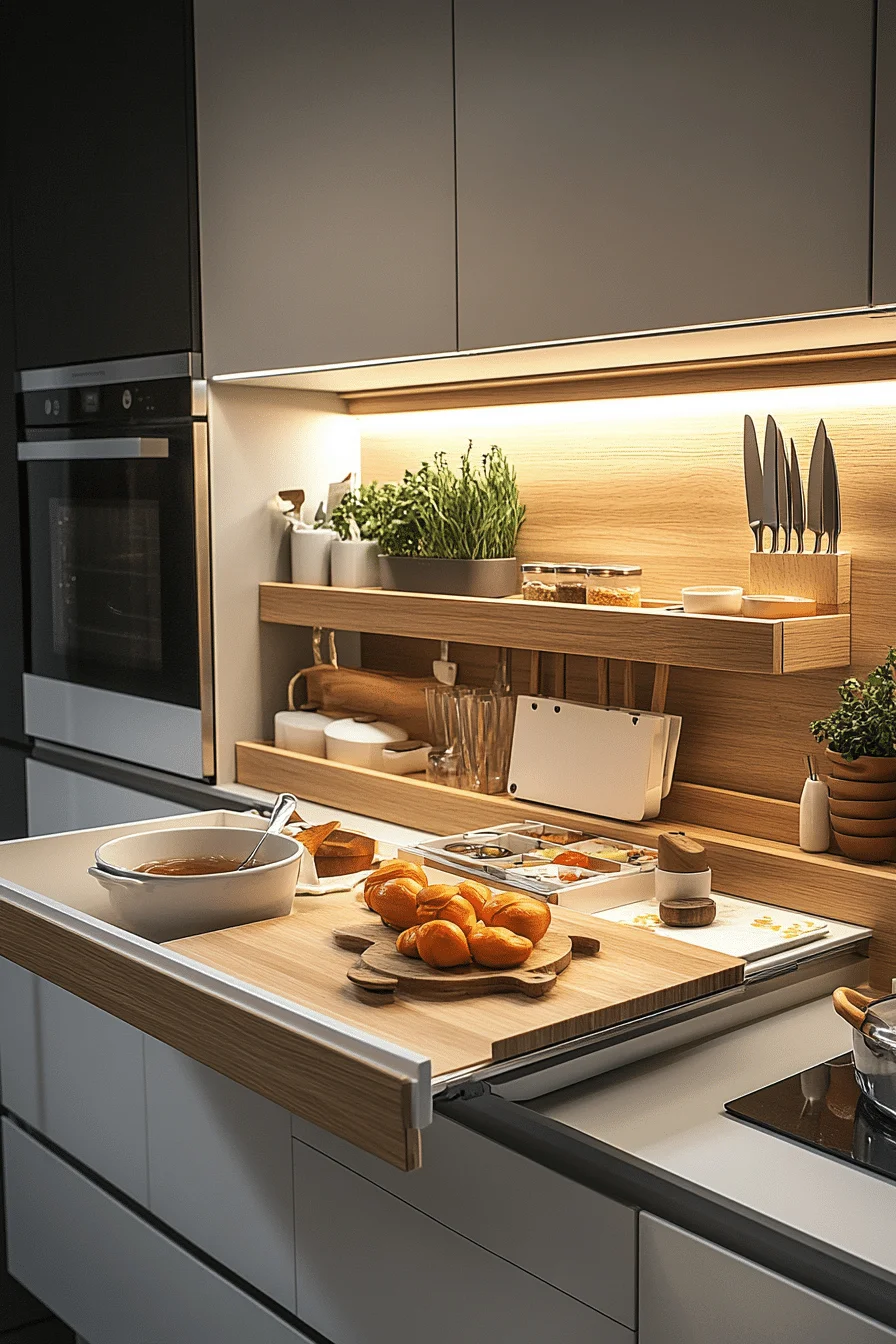 Kitchen with wall-mounted storage and multi-purpose furniture