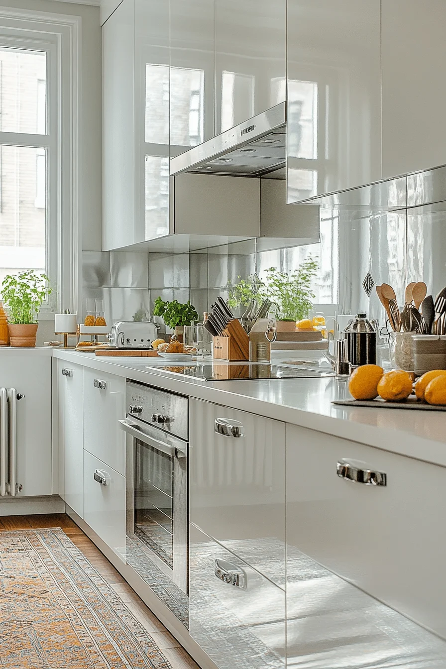 Kitchen with mirrored backsplash and glossy finishes