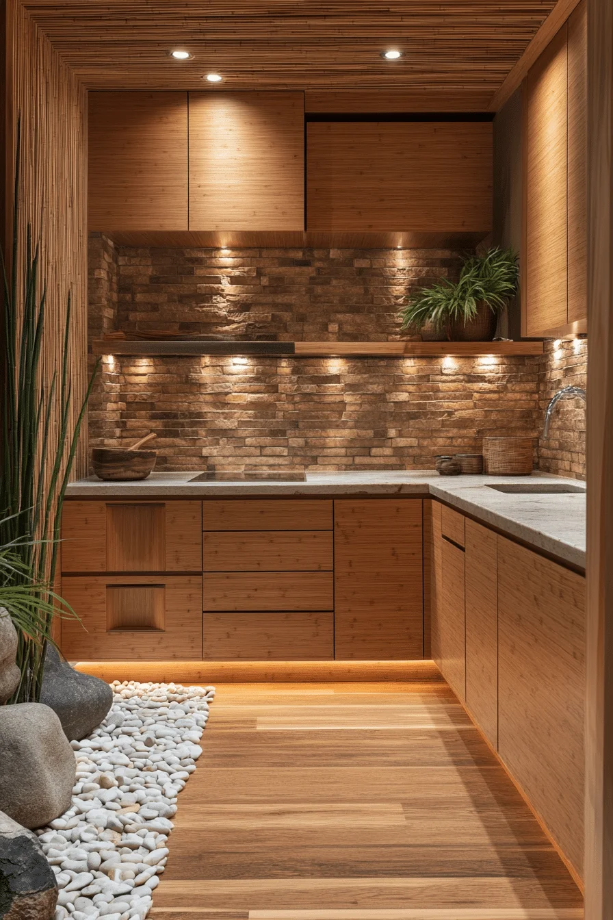 Minimalist kitchen with natural materials and bamboo accents
