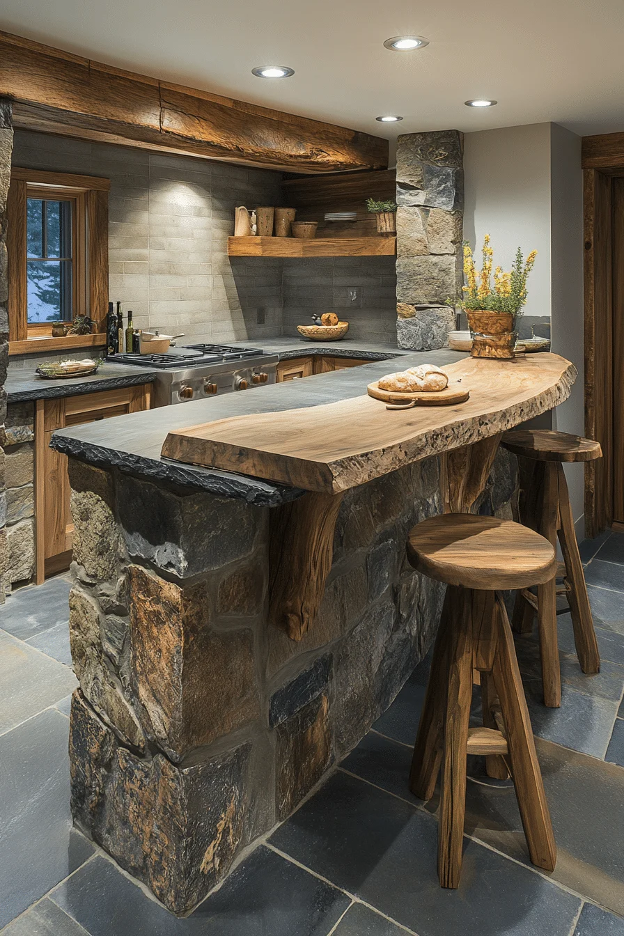 Kitchen with organic materials and indoor plants
