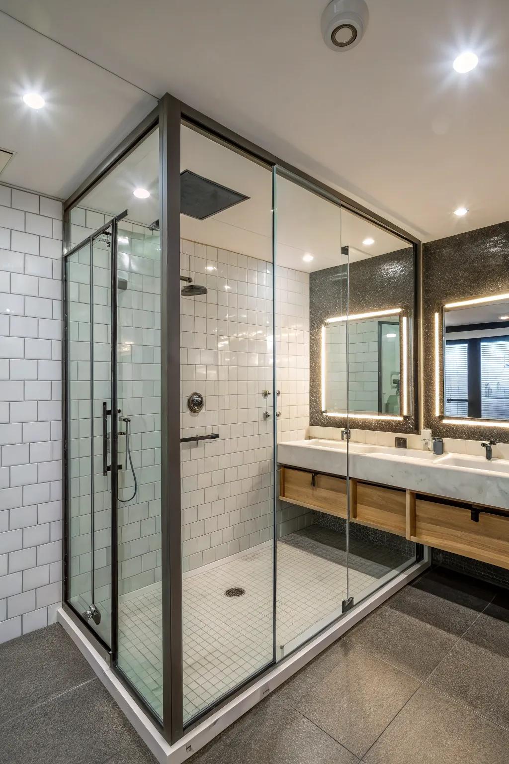 Mirrors reflecting light to create a spacious shower environment.