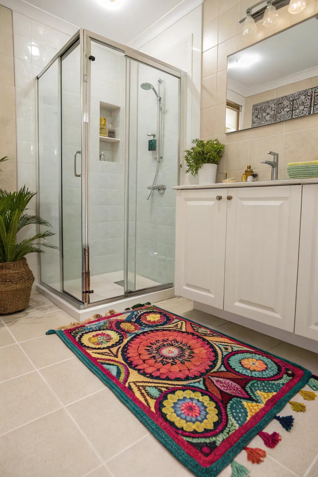 A colorful rug adding warmth and texture outside the shower.