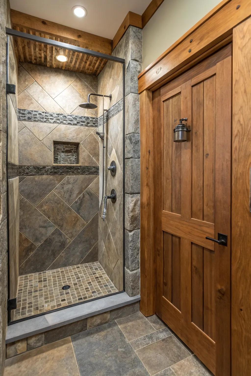 Shower stall showcasing a blend of wood, stone, and metal for texture.