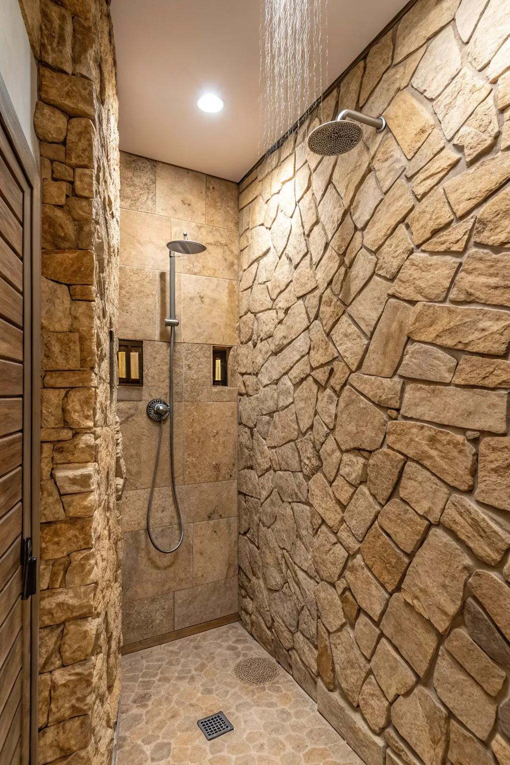 Textured shower walls adding dimension and character.