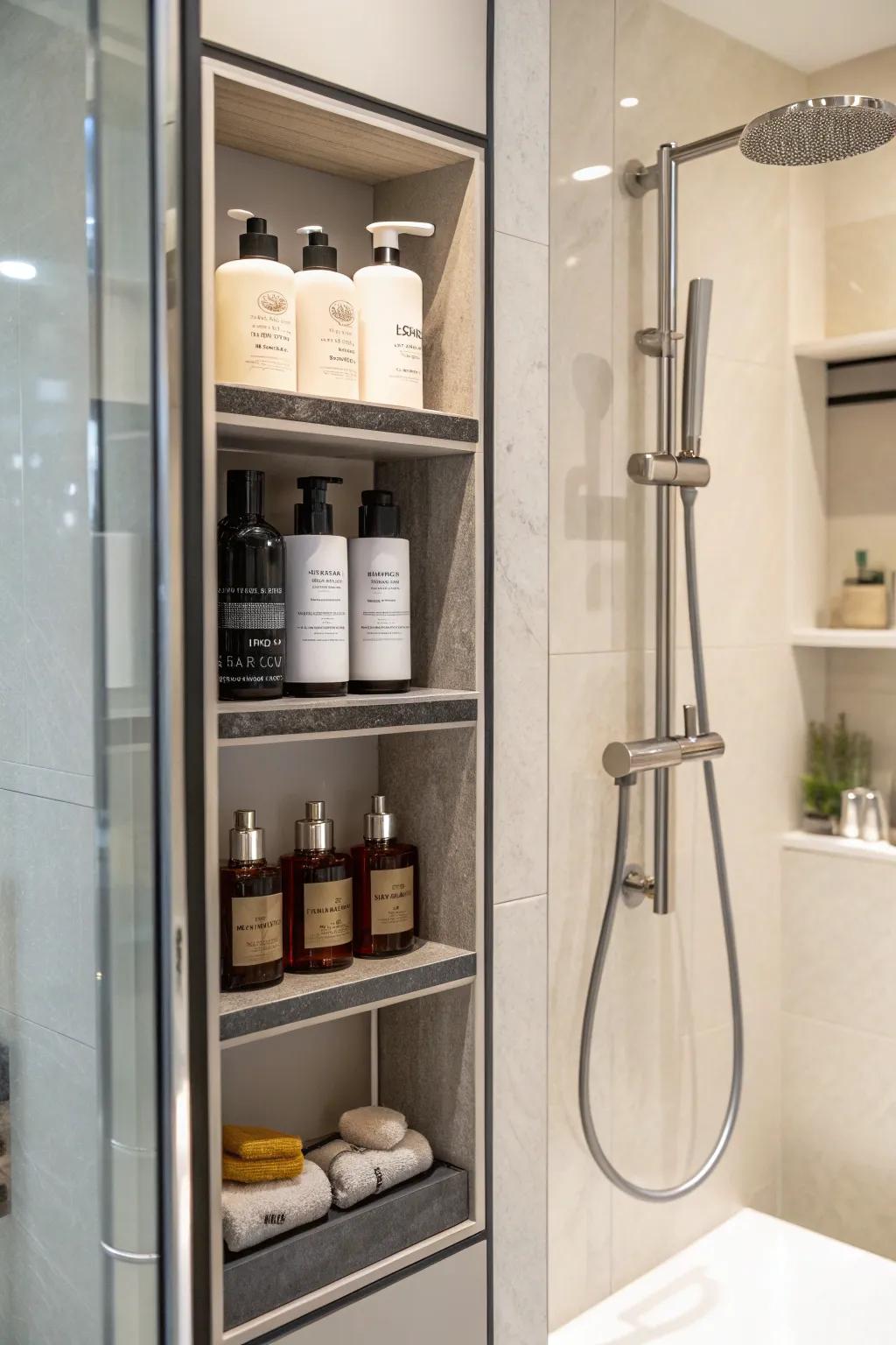 Integrated shelving in shower stall for organized storage.