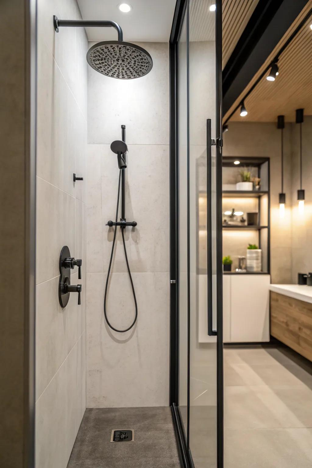 Modern shower with minimalist fixtures emphasizing clean lines.