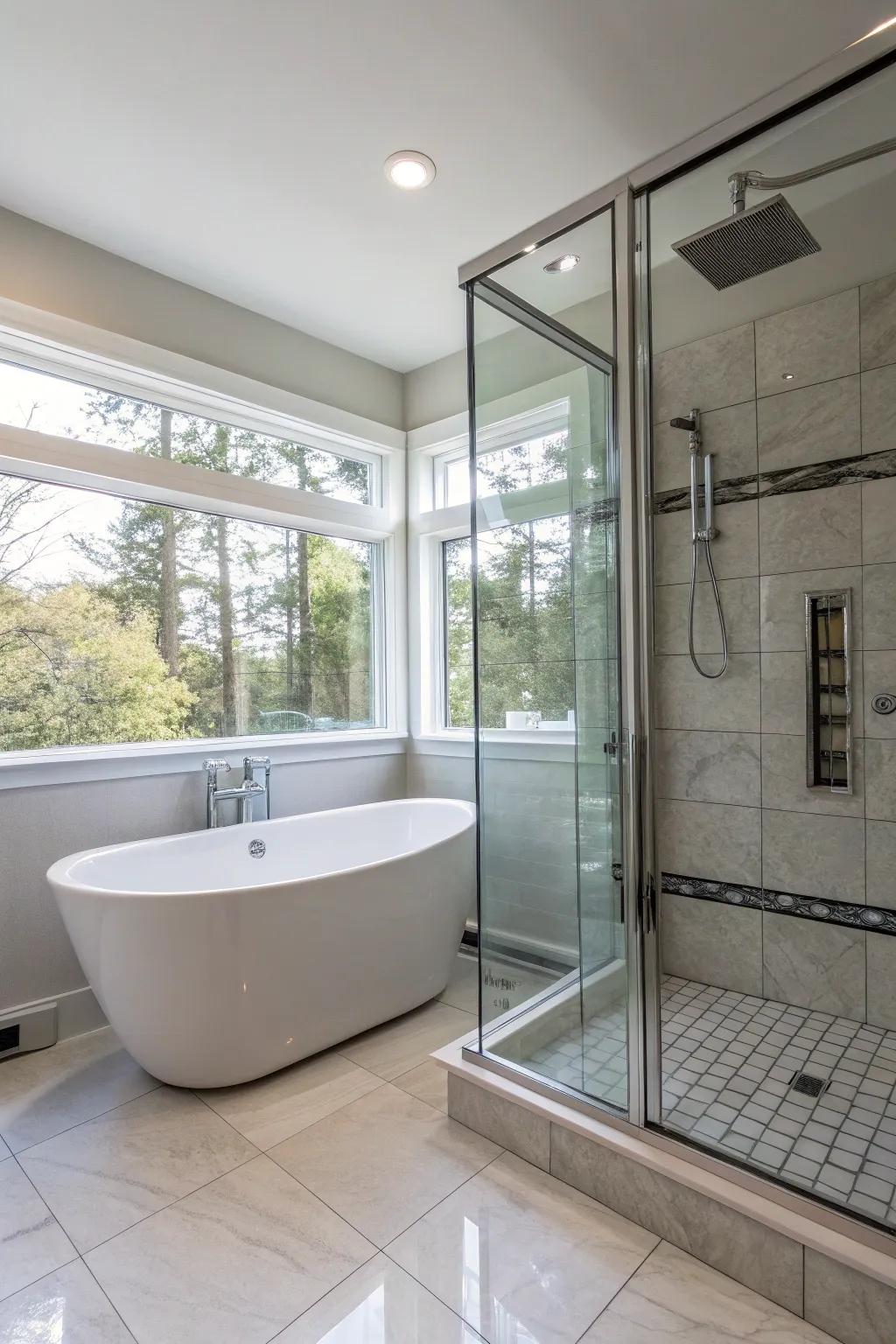 Luxurious bathroom featuring a freestanding bathtub alongside a modern shower stall.