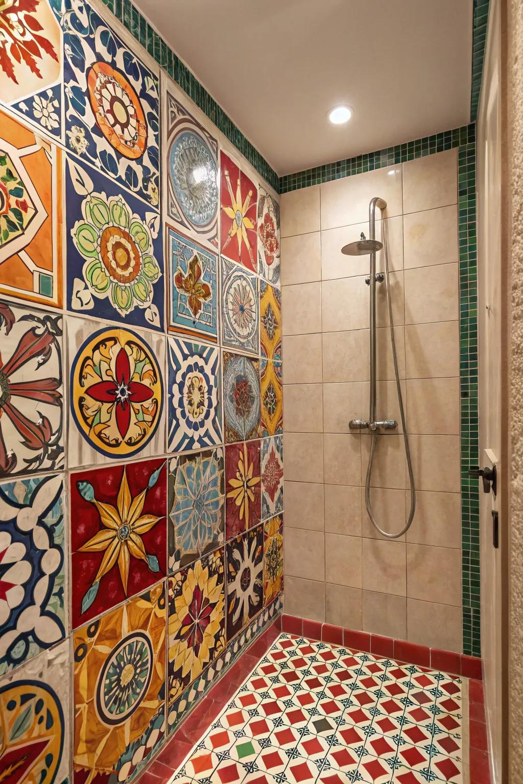 Shower stall adorned with vibrant, eye-catching tile patterns.