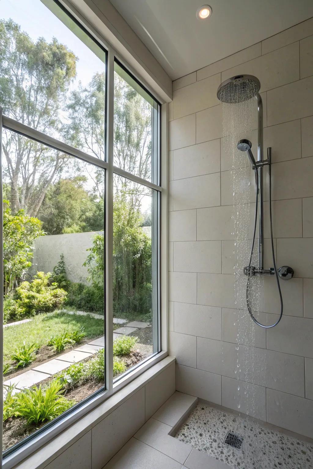 Shower stall illuminated by natural light from a large window.