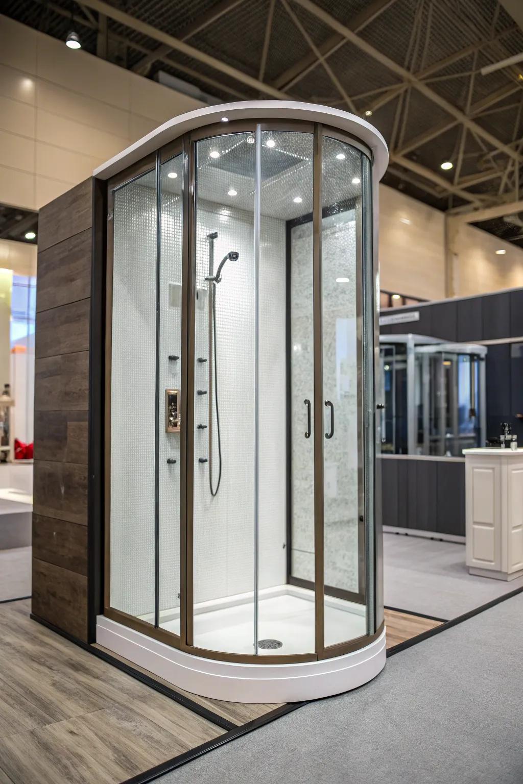 Elegant shower stall featuring a curved frame for a refined look.