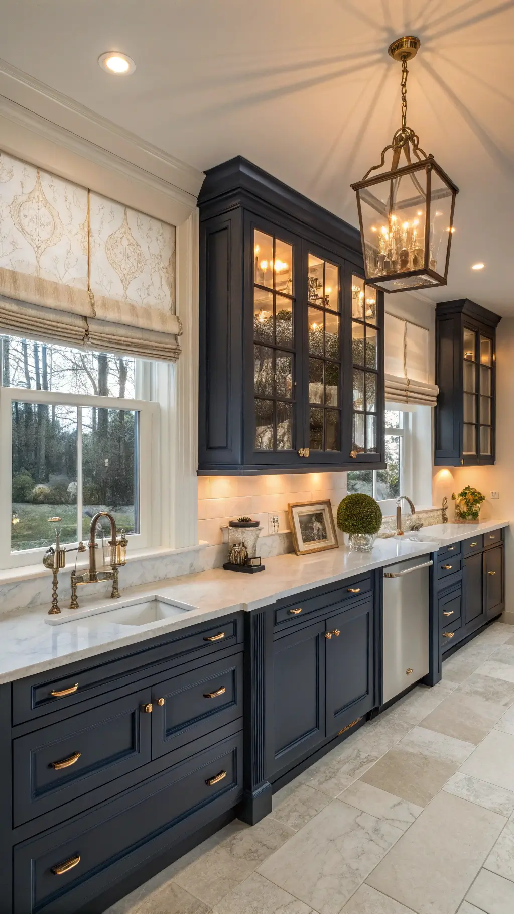 Traditional L-shaped kitchen with navy raised-panel cabinets