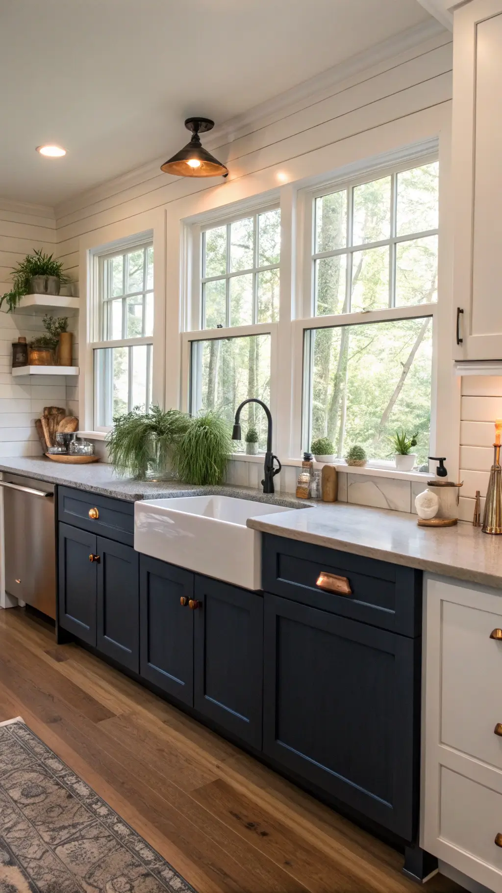 Well-maintained navy blue kitchen cabinets