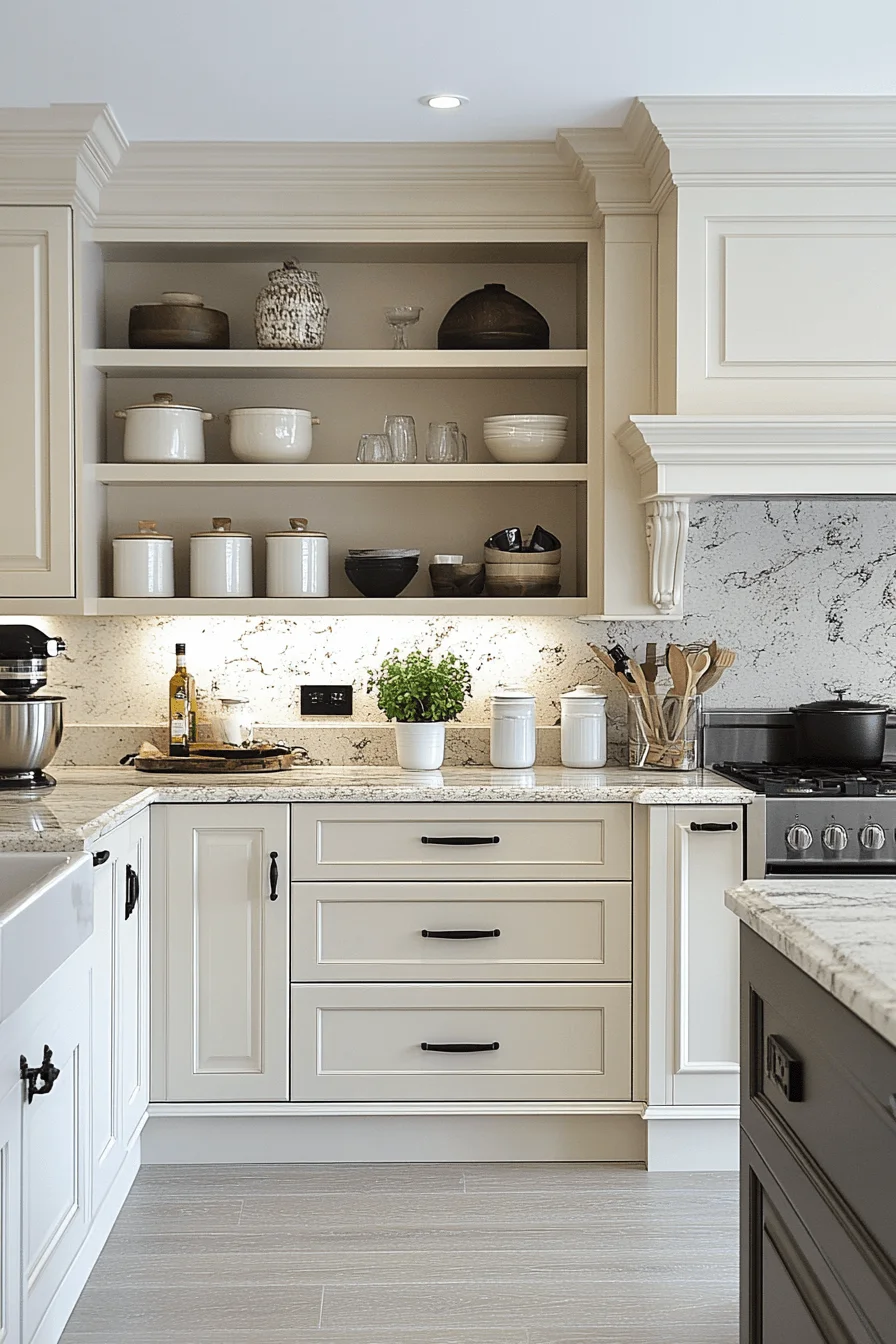 Open wooden kitchen shelves