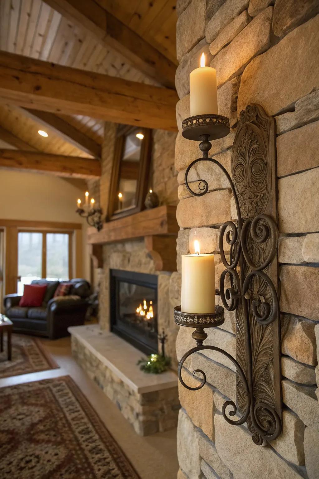 Warm ambient light from rustic candle sconces.