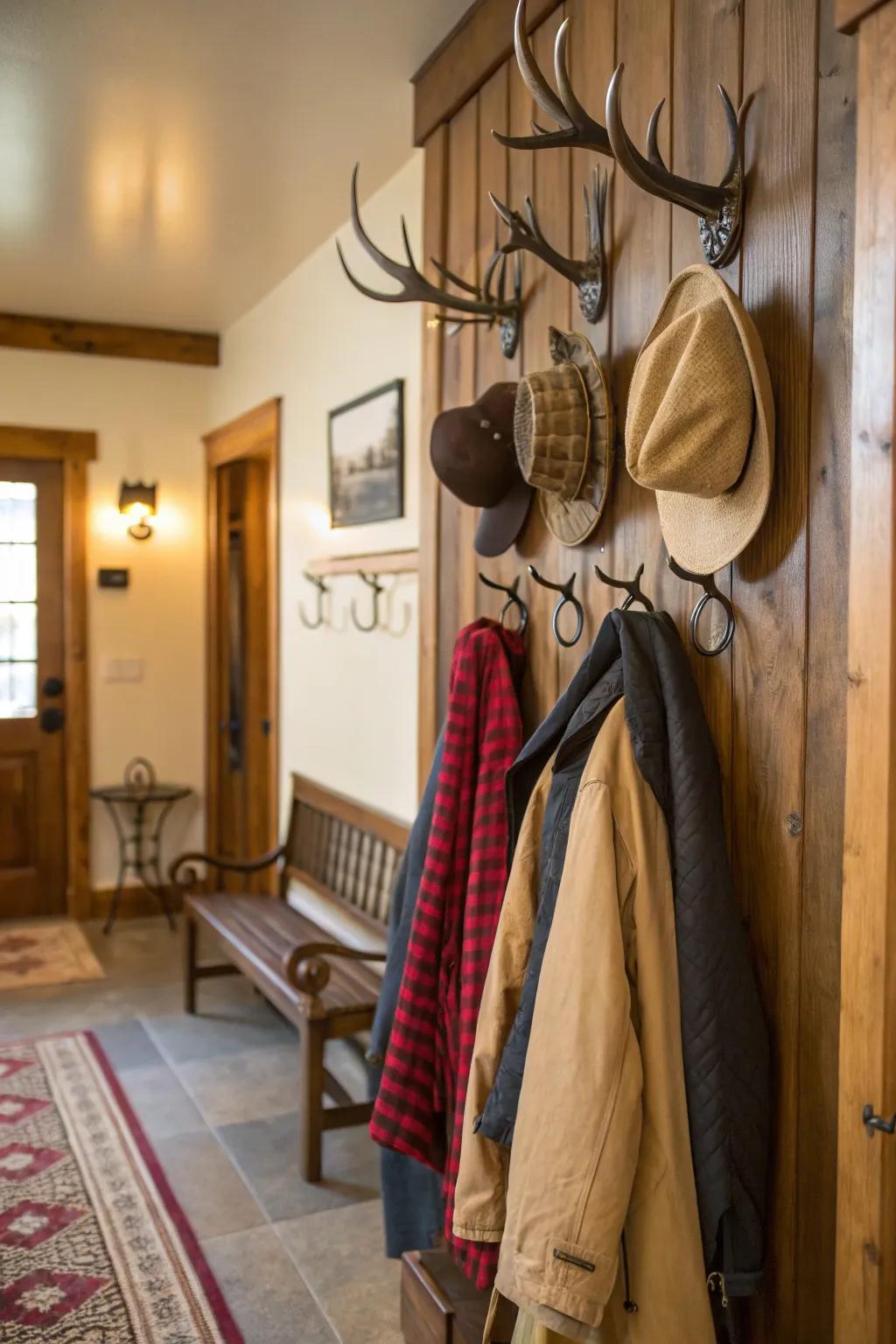 Charming antler wall hooks combining style and utility.