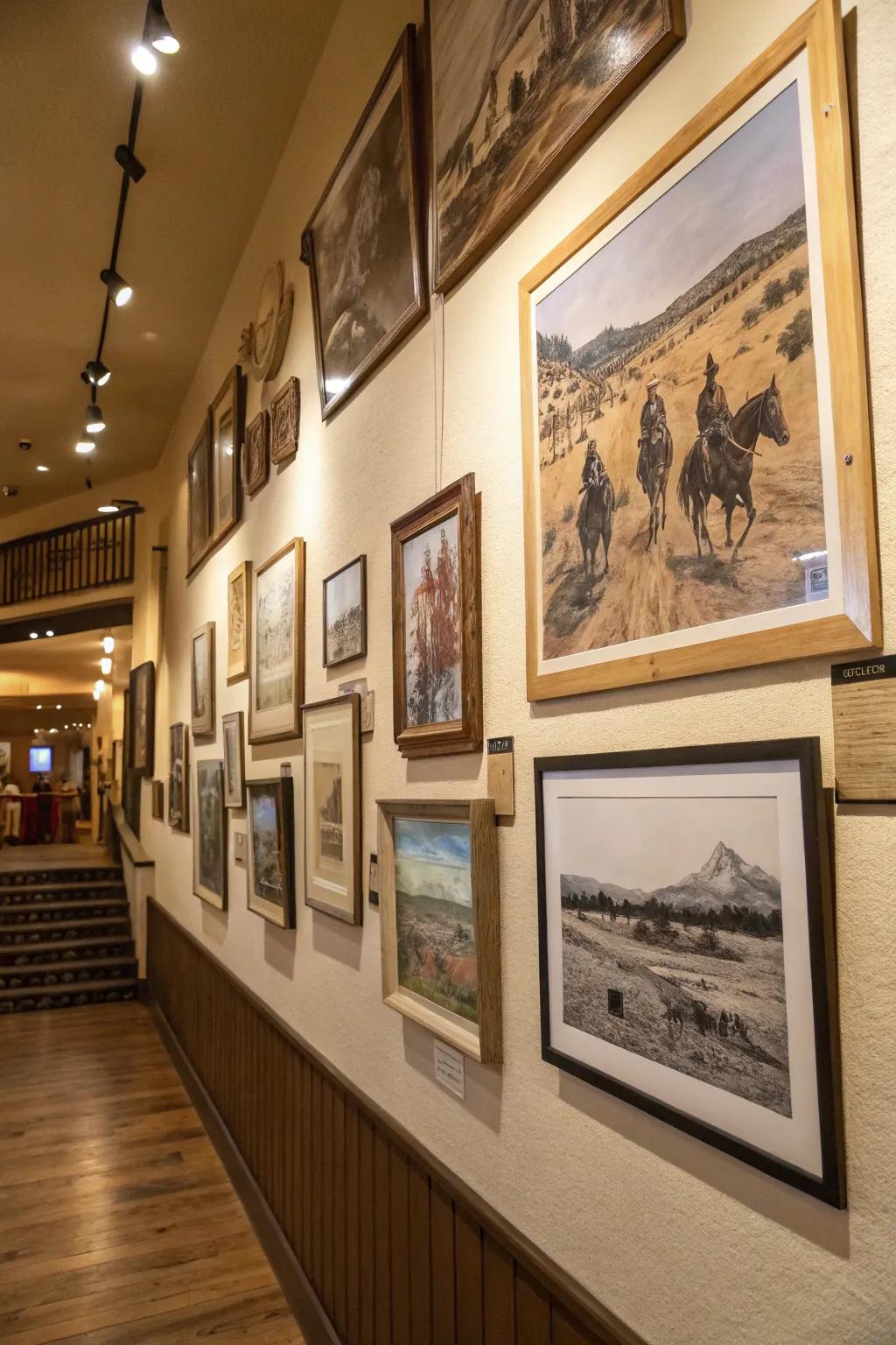 Eclectic Western gallery wall featuring diverse artwork.