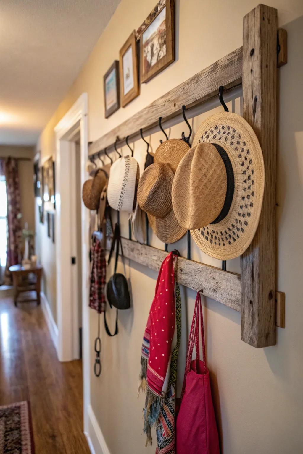 Rustic wooden hat rack showcasing a collection of hats.
