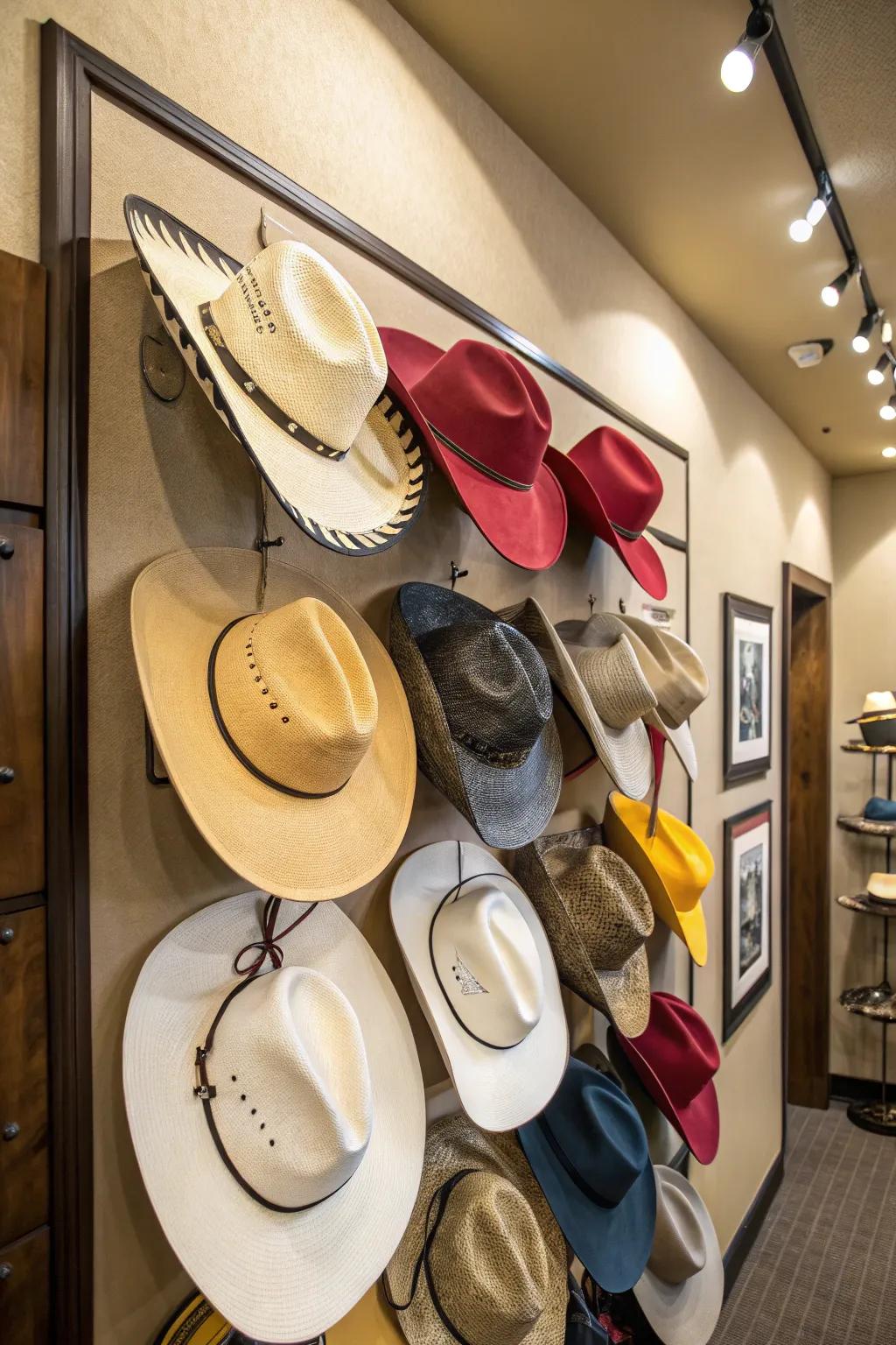 Creative display of cowboy hats on a living room wall.