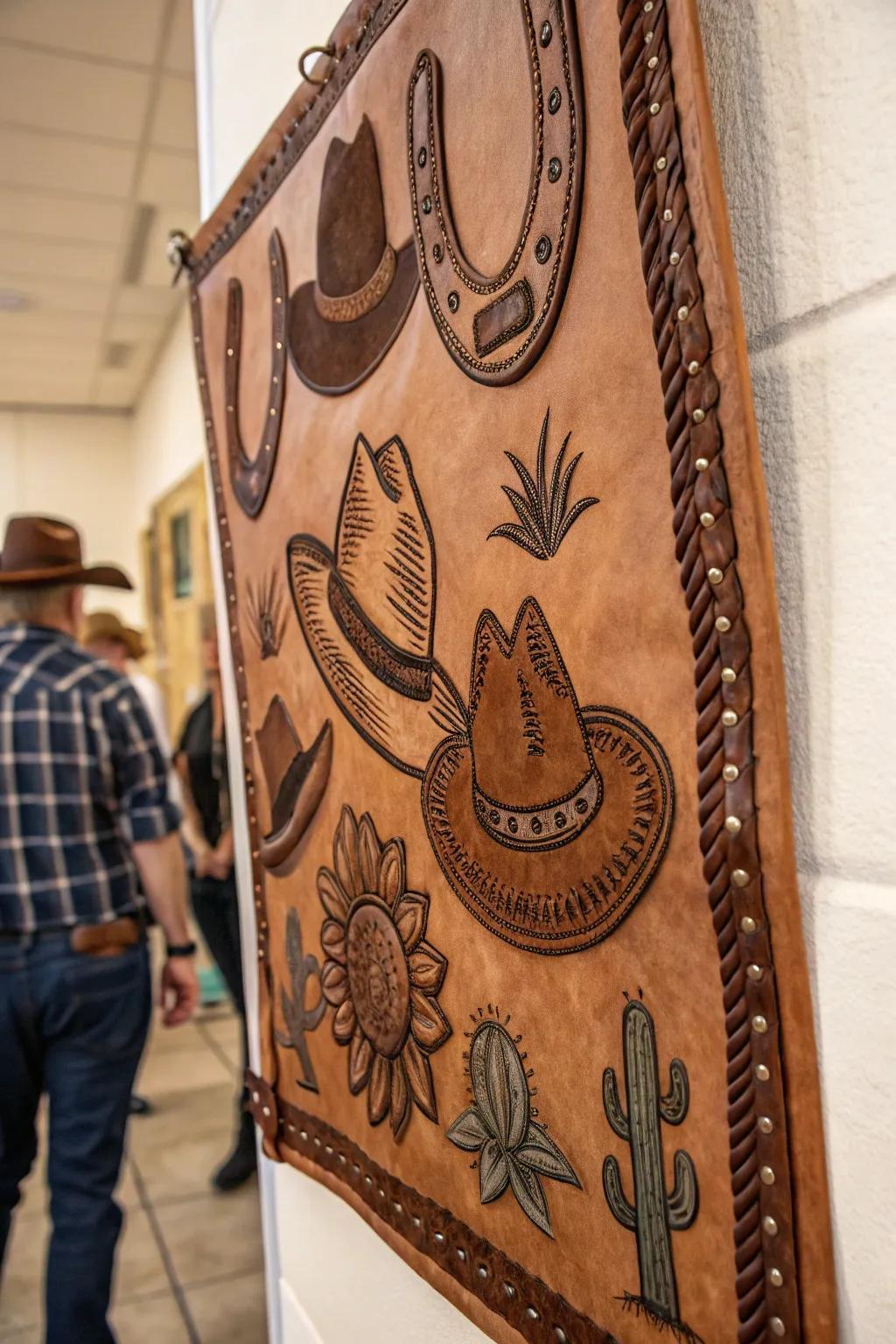 Handcrafted leather wall art featuring Western designs.