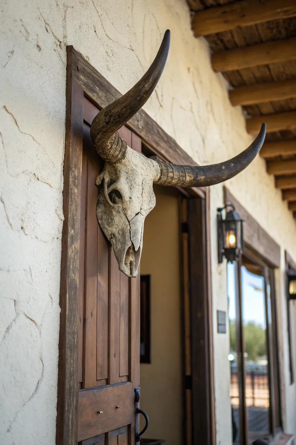 Bull horn mount displayed above a doorway.
