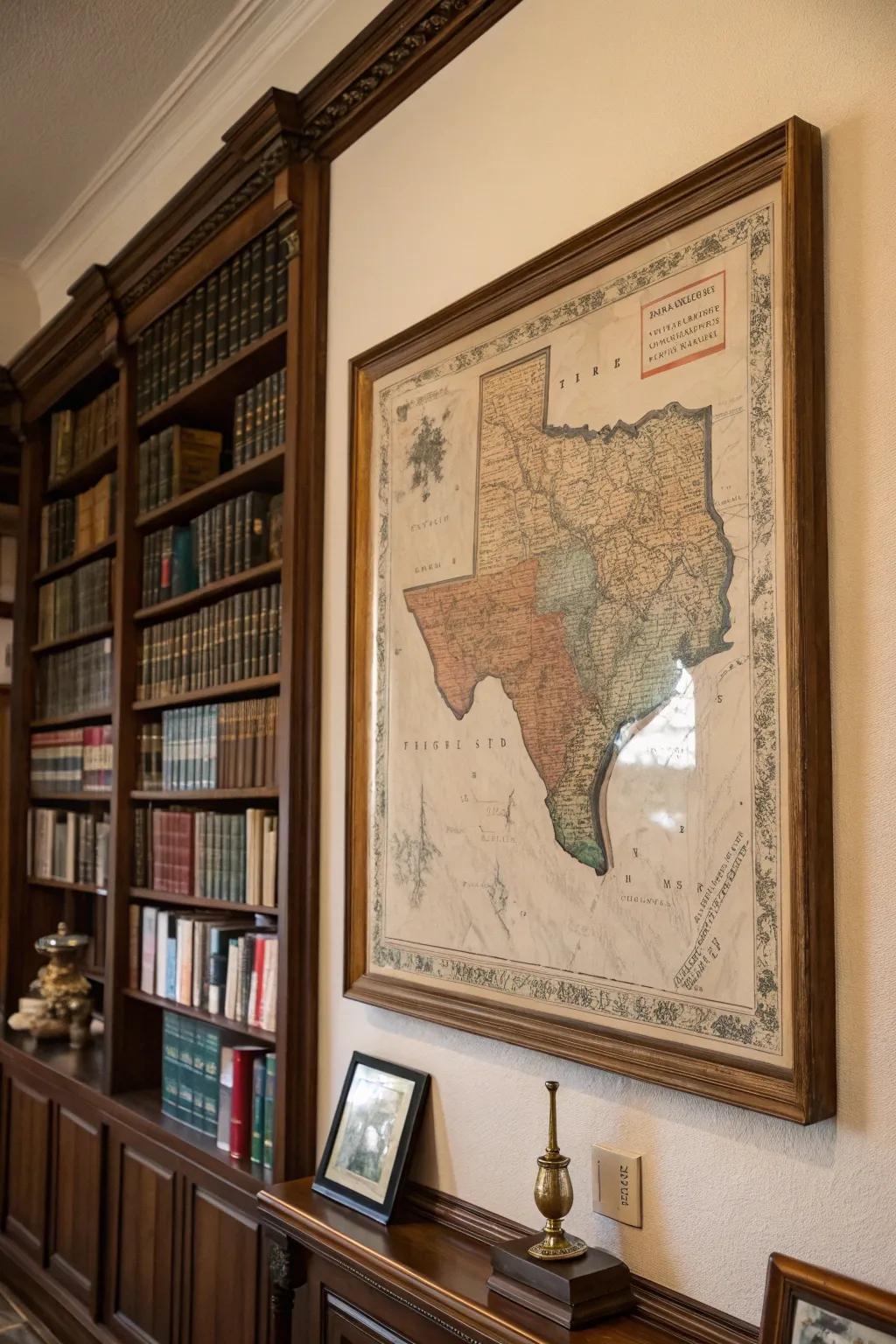 Framed antique map of Texas inspiring adventure.