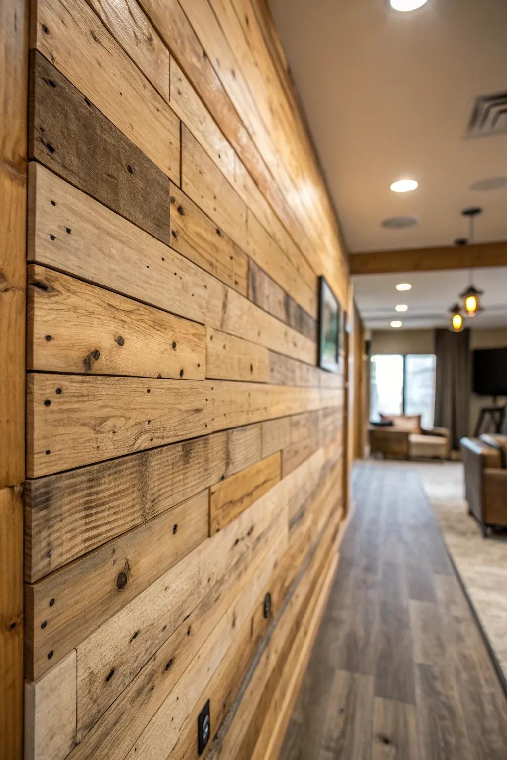 Cozy reclaimed wood paneling adding rustic warmth.