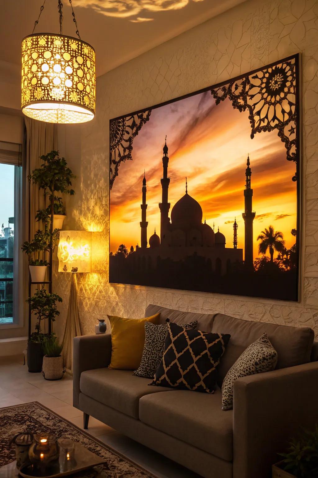 Mosque silhouette paintings beautifully capture Islamic architectural essence.