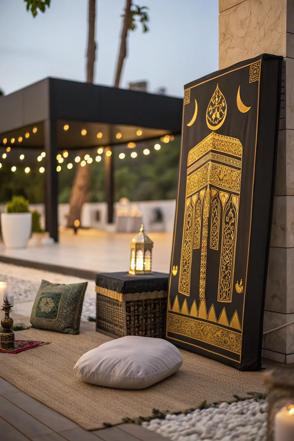 Kaaba-inspired artwork adds profound spiritual ambiance.