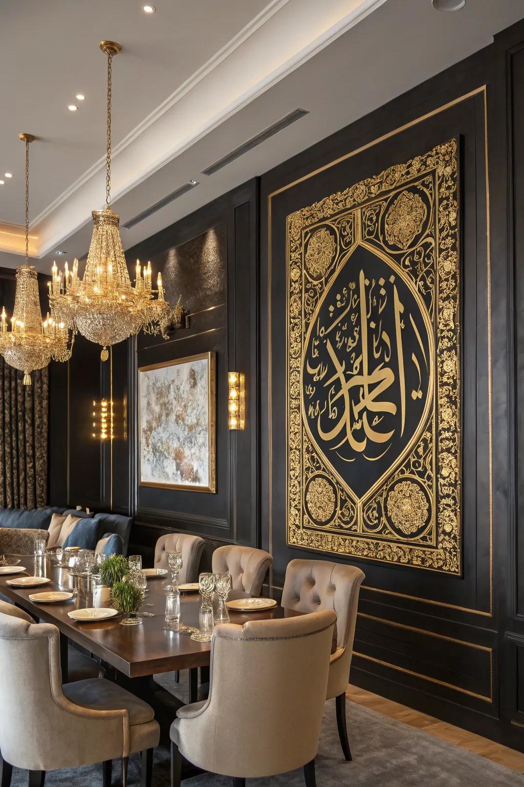 Gold and black art evokes luxury and tradition.