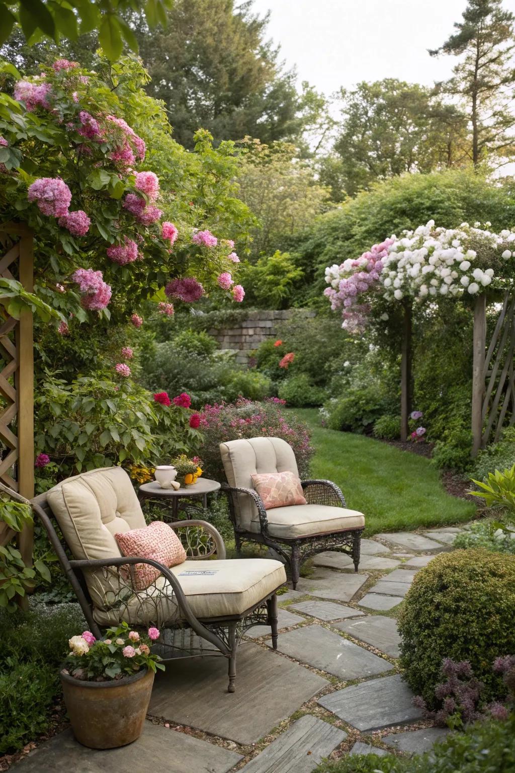 Design a tranquil garden retreat with comfortable seating and flowers.