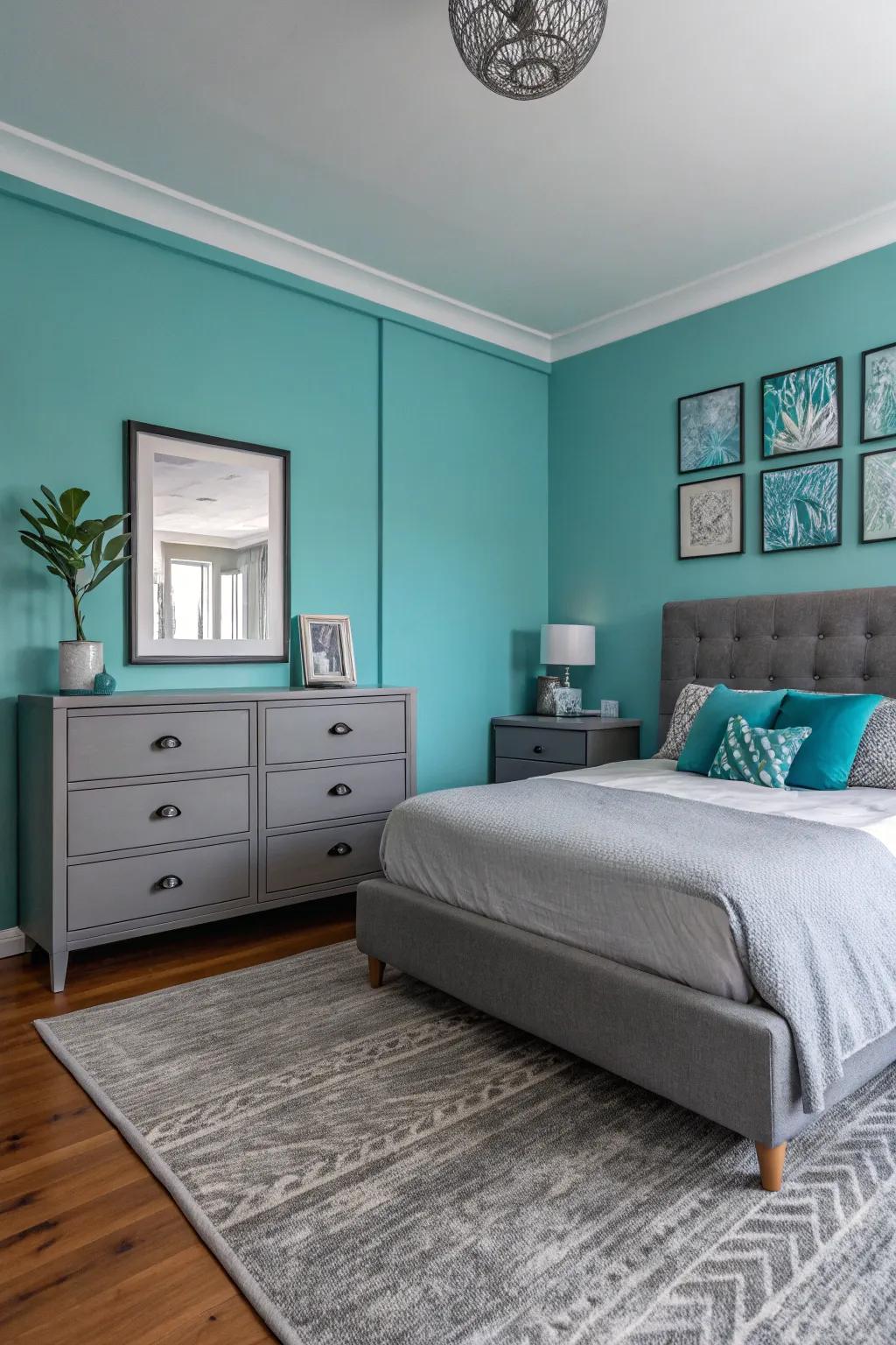 Turquoise accent wall brightening a grey bedroom