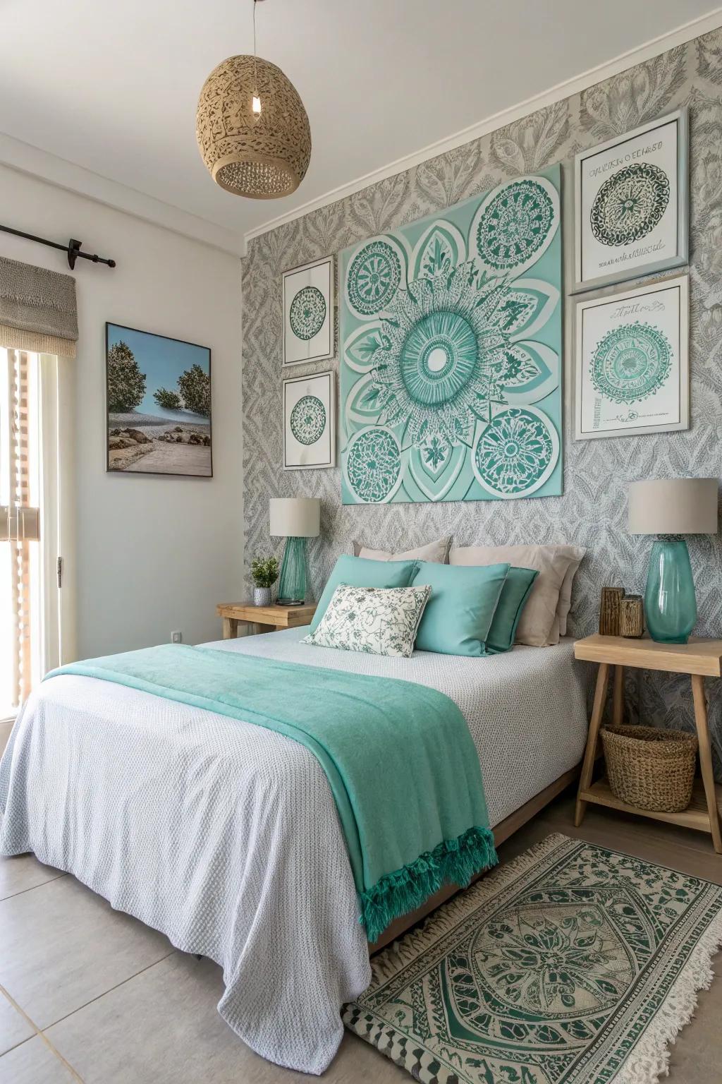 Turquoise and grey wall art enhancing bedroom decor