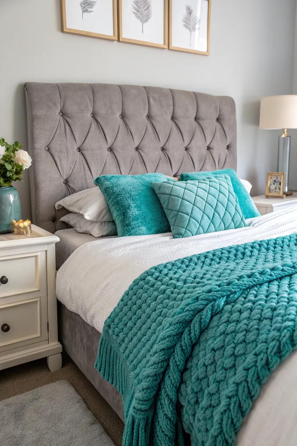 Layered textures in grey and turquoise for cozy ambiance