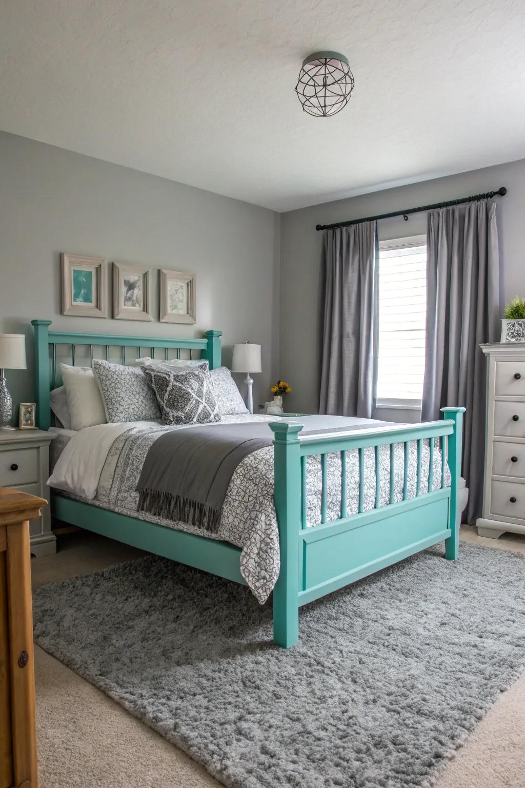 Turquoise bed frame as a focal point in grey bedroom