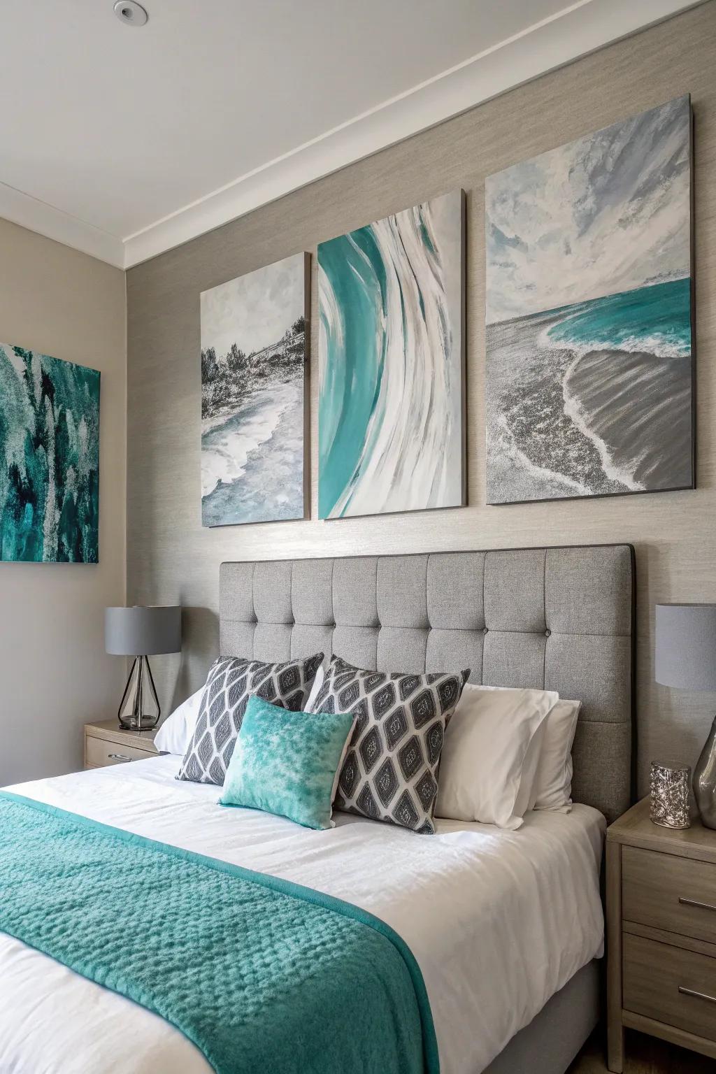 Abstract grey and turquoise artwork enhancing bedroom